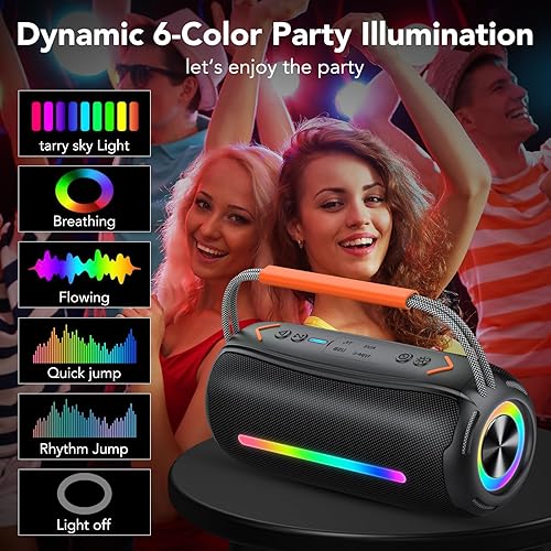 Miniatura 5 de aowoka Altavoces portátiles con luz de respiración LED, IPX7 impermeable, altavoces exteriores (negro)