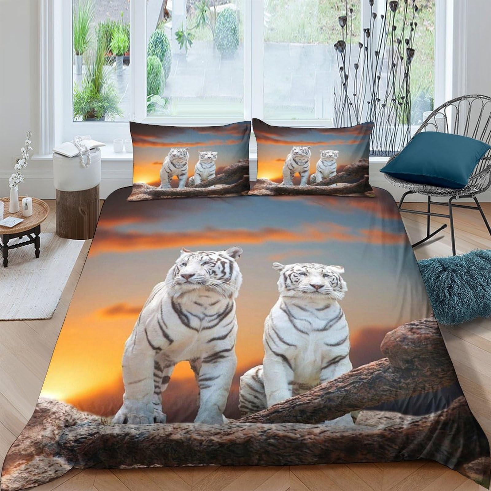 Tigre bianca Microfibra Morbida Copripiumino 3 Pezzi,3D Motivo Animale tigre Copripiumino,Copripiumino E Federe,con Chiusura A Cerniera E Federe Cuscino Per Adulti E Ragazzi doppio（200x200cm）