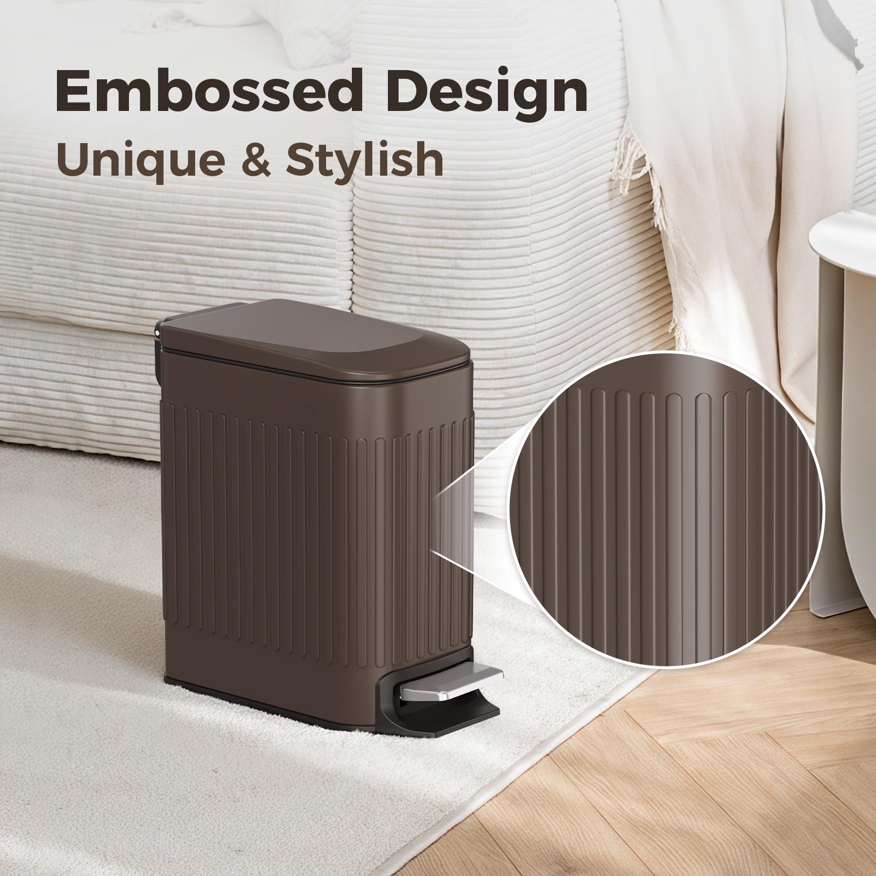 TrashAid Bote de basura delgado para baño con tapa de cierre suave, cubo de basura pequeño de acero inoxidable de 6 litros con cubo interior extraíble, pedal de paso, papelera delgada para inodoro