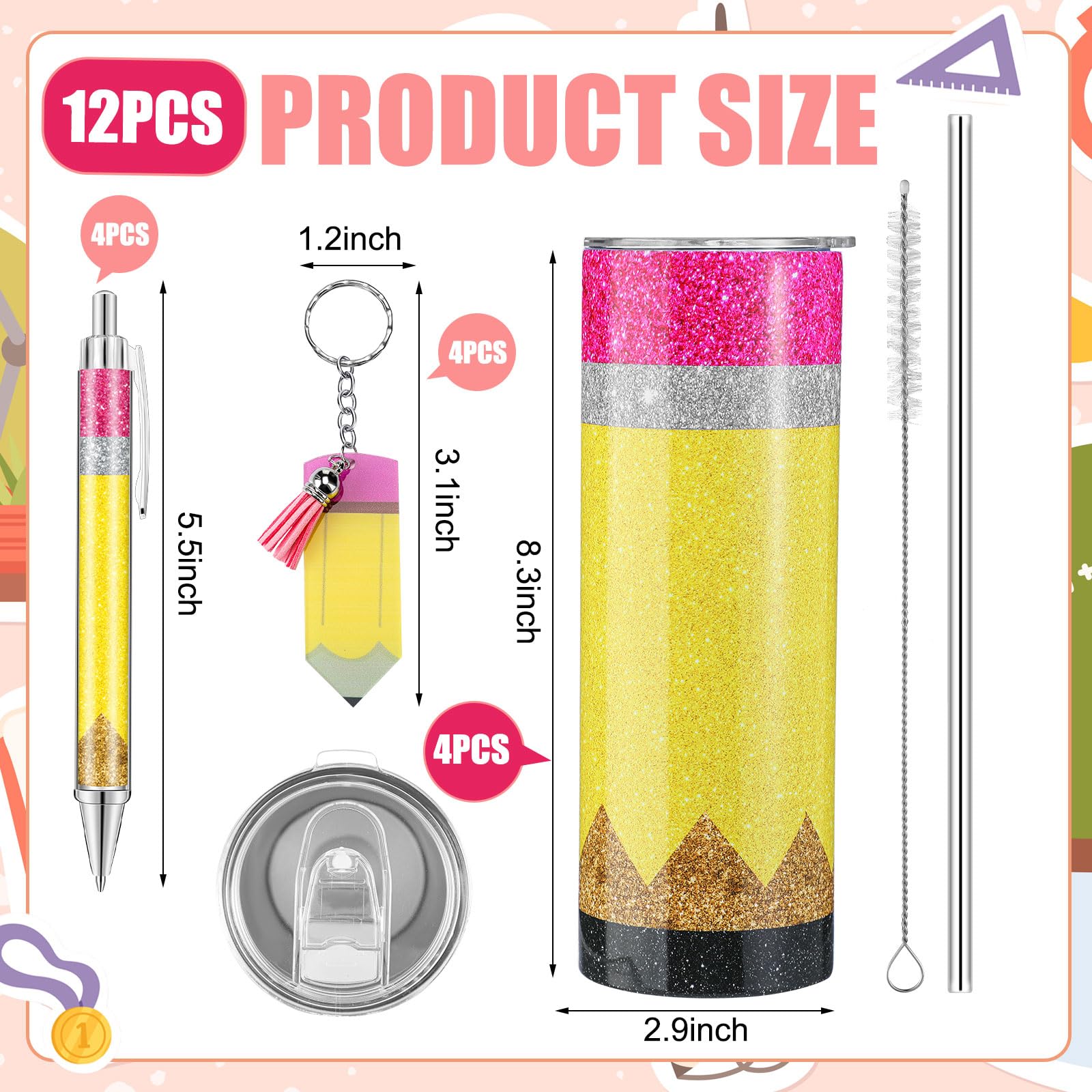 Skylety 12 pezzi regali di apprezzamento di Natale regali per insegnanti 590 ml matita glitter bicchiere tazza in acciaio inox matita portachiavi stile matita penna glitter per insegnanti di Natale
