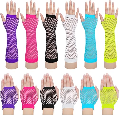 SATINIOR 12 pares de guantes de malla de red de los años 80 y 90 para mujer, guantes largos sin dedos de neón para fiesta de Halloween, disfraz de