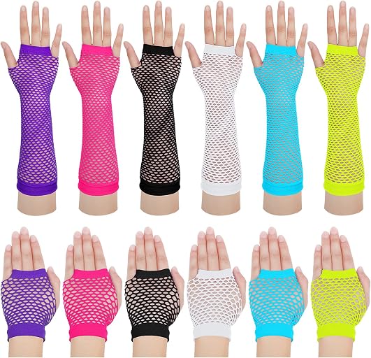 SATINIOR 80s 90s Fishnet Mesh Glove for Women Neon Fingerless Long Short Gloves for Halloween Party Cosplay Costume