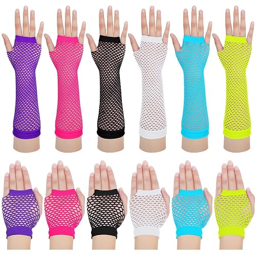SATINIOR 12 Pairs 80s 90s Fishnet Mesh Glove for Women Neon Fingerless Long Short Gloves for Halloween Party Cosplay Costume