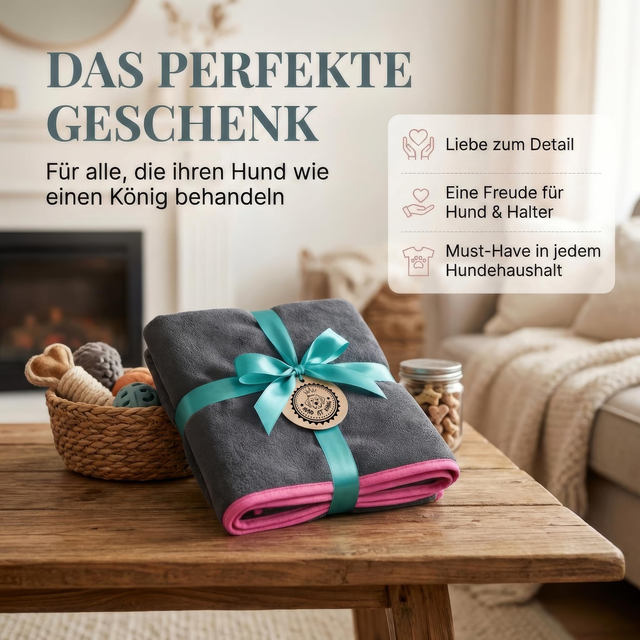 HUND IST KÖNIG Serviette pour Chien de qualité supérieure - Extra absorbante - Ultra Douce et Moelleuse - en Microfibre puissante - avec 4 Poches - Lavable à 60 °C - Séchage Rapide - 130 x 75 cm