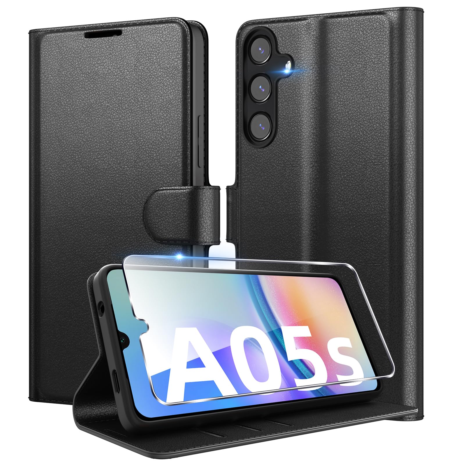 Eirltiy Cover per Samsung Galaxy A05s Portafoglio Pelle PU Premium, Custodia Scomparti Carte Antiurto Protettiva Case con 1 Vetro Temperato, Nero