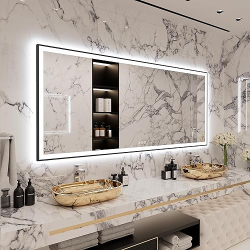 Yamazakura Espejo de baño grande de 88 x 38 pulgadas, retroiluminado y frontal iluminado LED, espejo de tocador moderno rectangular negro