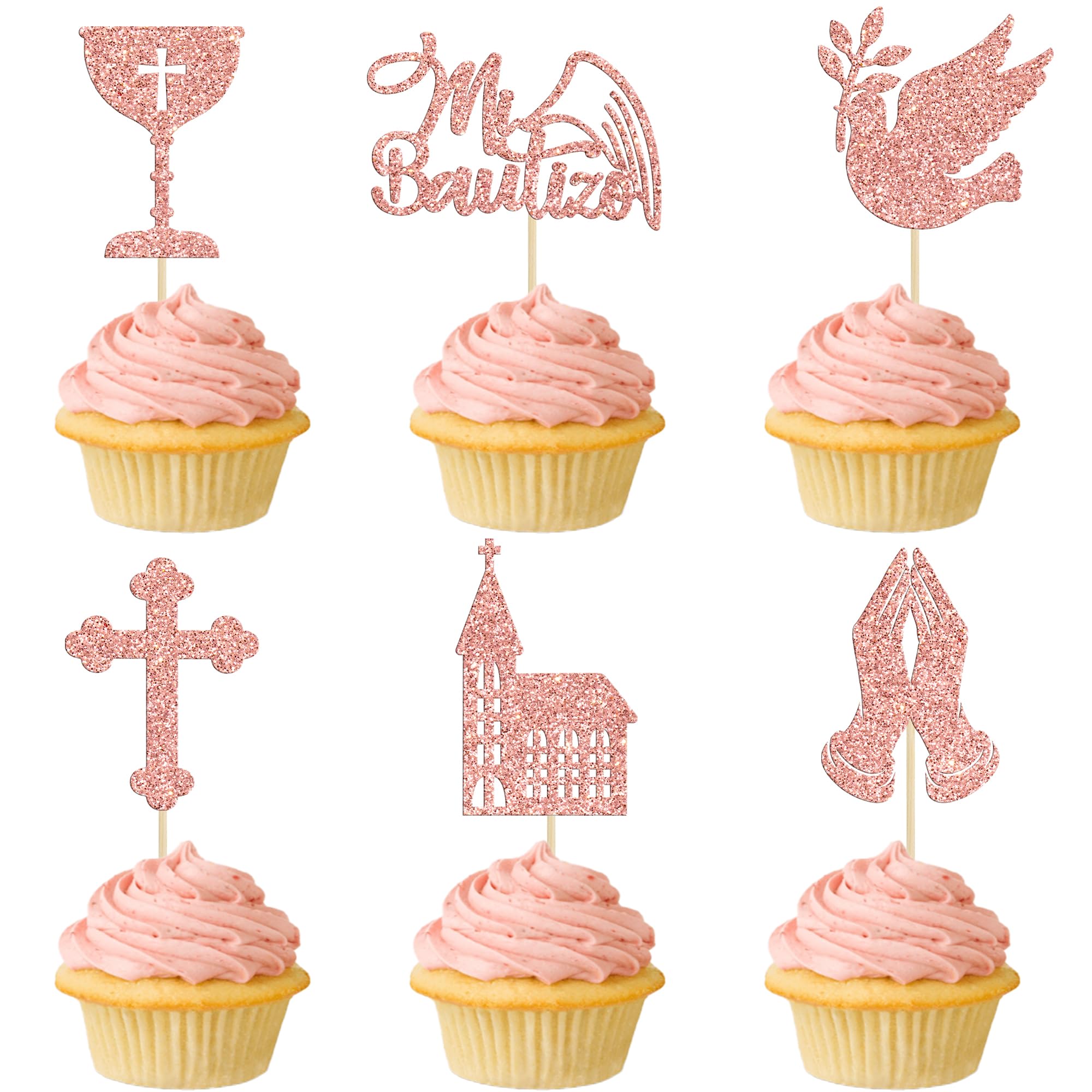 24 Topper Cupcake Prima Comunione - Croce Glitterata Oro Rosa Per Battesimo