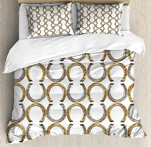 Lunarable Horseshoe Duvet Cover Sets, Luck Riding Equipment Blacksmith Arch Patternic Print, Bedding Set with 2 Duvet Covers 4 Pillowcases, 2 Pack