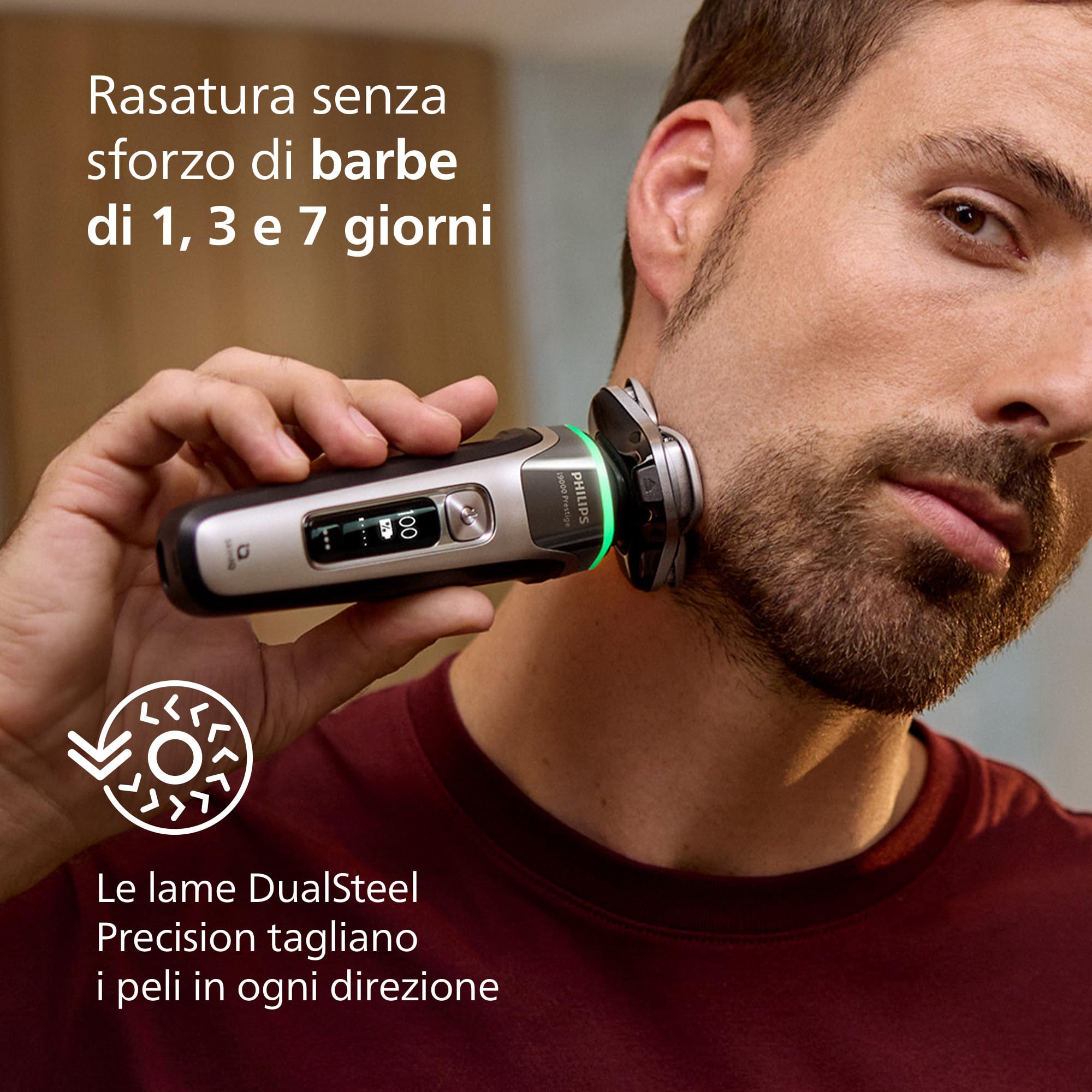 Philips Shaver i9000 Prestige, rasoio elettrico Wet & Dry, tecnologia Skin IQ, triplo sistema di sollevamento e taglio, doppie lame in acciaio di precisione 360°, styler per barba, modello XP9204/33