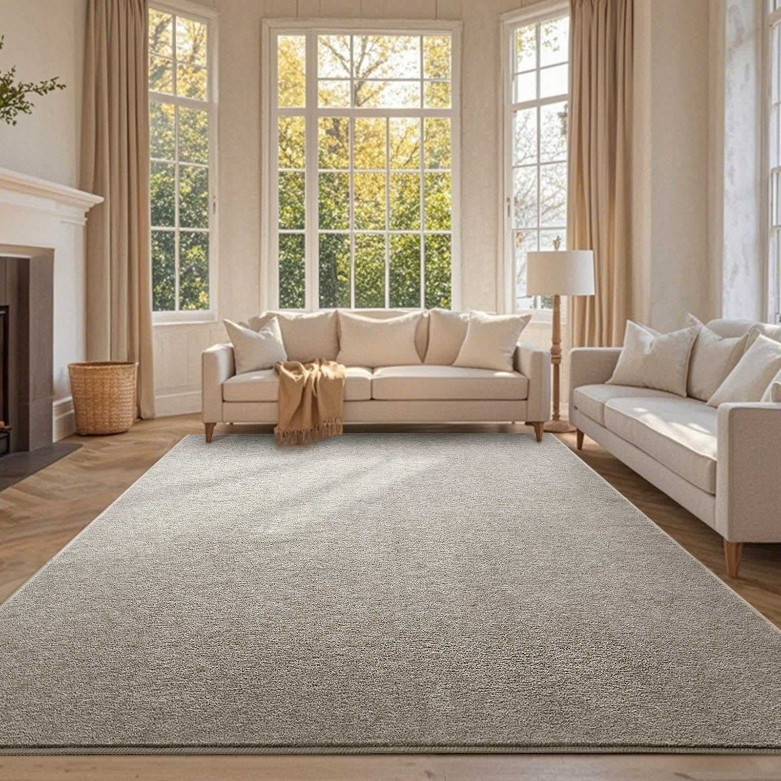 Photo 1 of FinRe?c 6x9 Washable Area Rugs for Bedroom Living Room, Low Pile Thin Rug Solid Color, Non-Slip Carpet Indoor for Home Decor (Greige/White)