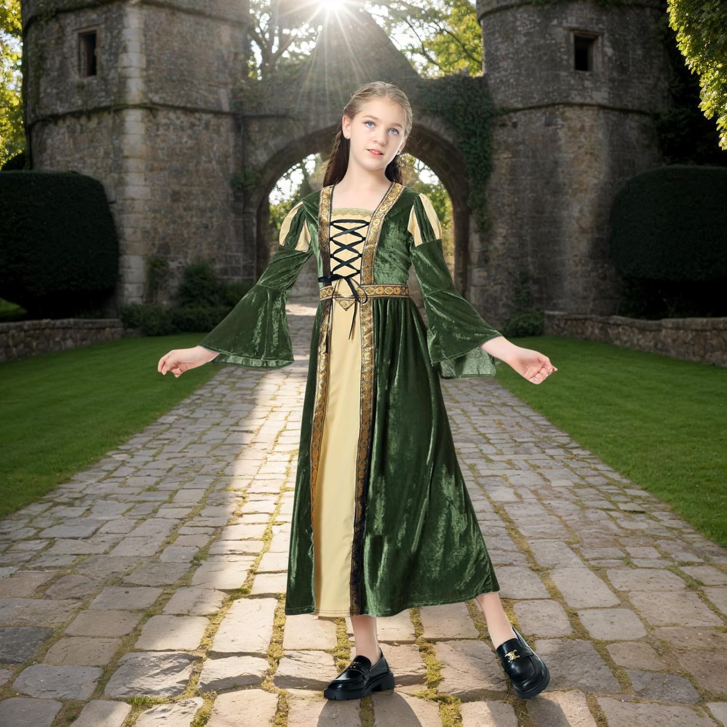 yolsun Renaissance Dress Girls Costume Medieval Princess for Kids Halloween Outfit Dress Up