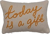 Creative Co-Op 'Today is A Gift' Embroidered Cotton Lumbar Pillow, Cream & Mustard - Stylish Throw for Couch Refresh