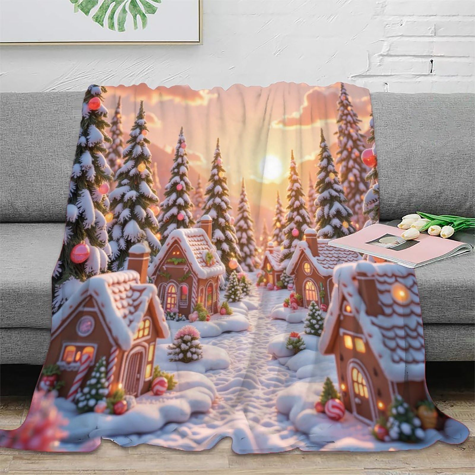 Couverture Polaire Noël Village Plaid de Salon Microfibre Hiver 150x200cm