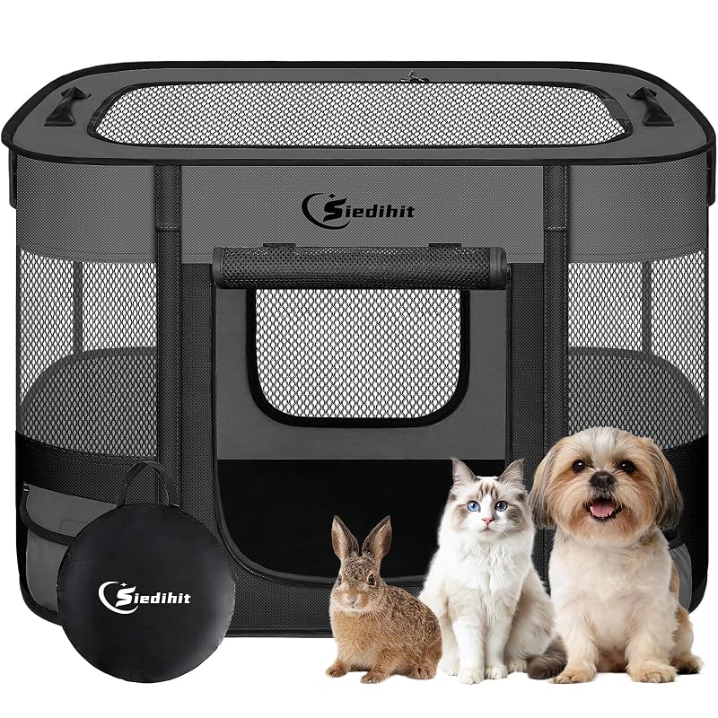 Cercado portátil para cães e gatos Siedihit com tela mesh e tecido Oxford, 71 cm, cinza-escuro