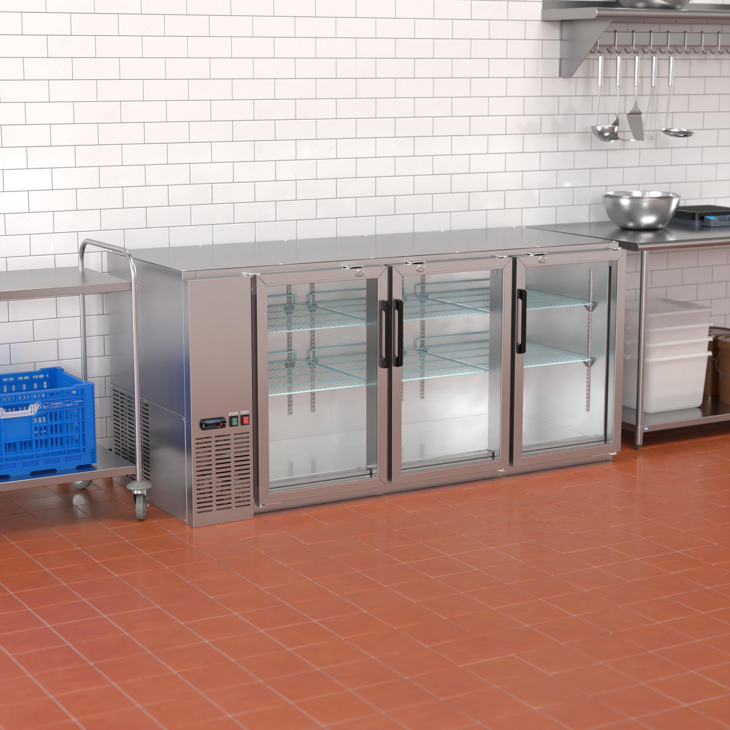 Krollen Industrial Ubb-72-Gt-G-S 72" Stainless Steel Underbar Height Narrow Glass Door Back Bar Refrigerator Beverage Cooler For Beer Soda Wine With Galvanized Top And LED Lighting on Fridge.com - View 4