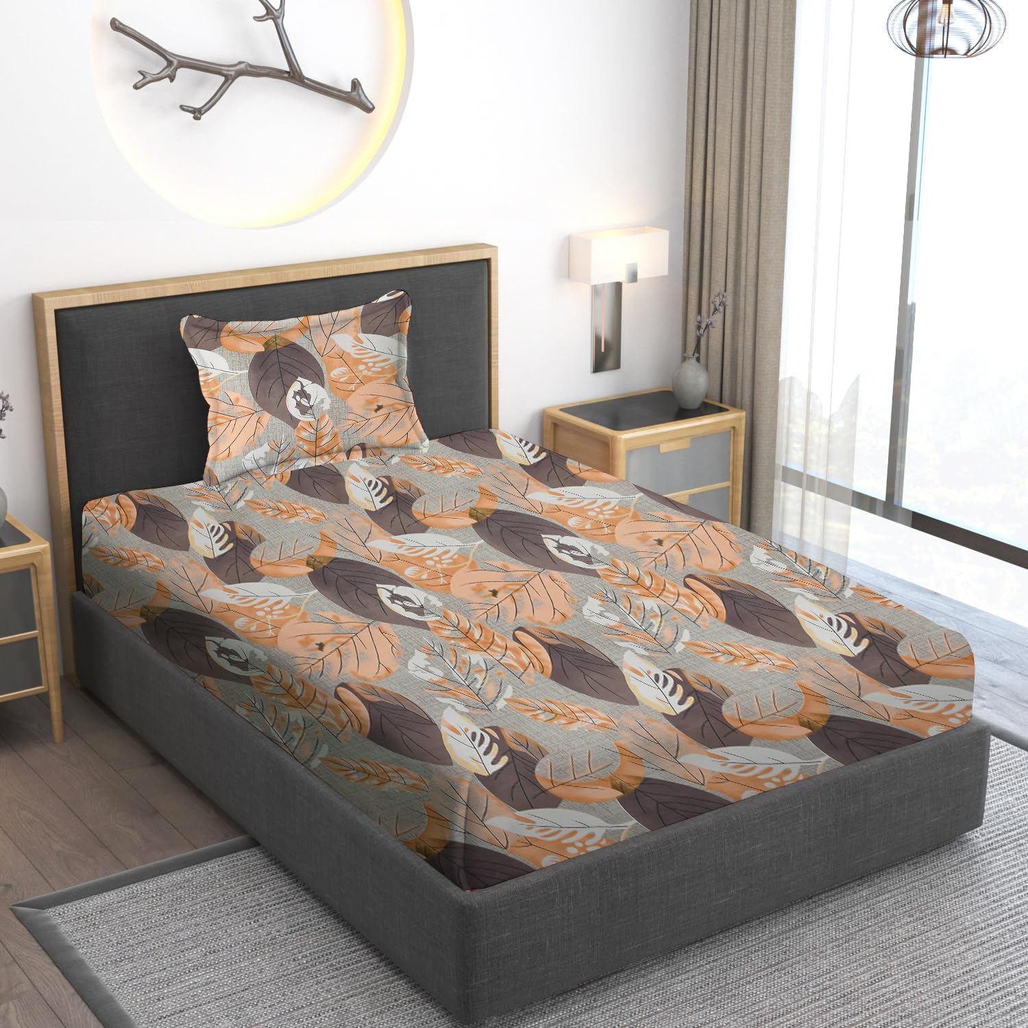 Home Stylish 280 TC Floral Print Ezyption Cotton 1 Single Bedsheet with 1 Pillow Cover Wing Brown