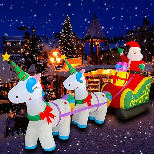 SEASONBLOW Papá Noel inflable de Navidad de 9 pies en trineo con 2 decoraciones de unicornio con luz LED para patio, césped, jardín, hogar, fiesta,