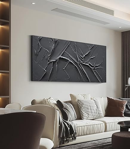 Miniatura 3 de NANKAI Pintura al óleo minimalista negra de textura gruesa pintada a mano, 30 x 60 pulgadas, arte contemporáneo grande, pintura al óleo, hogar,