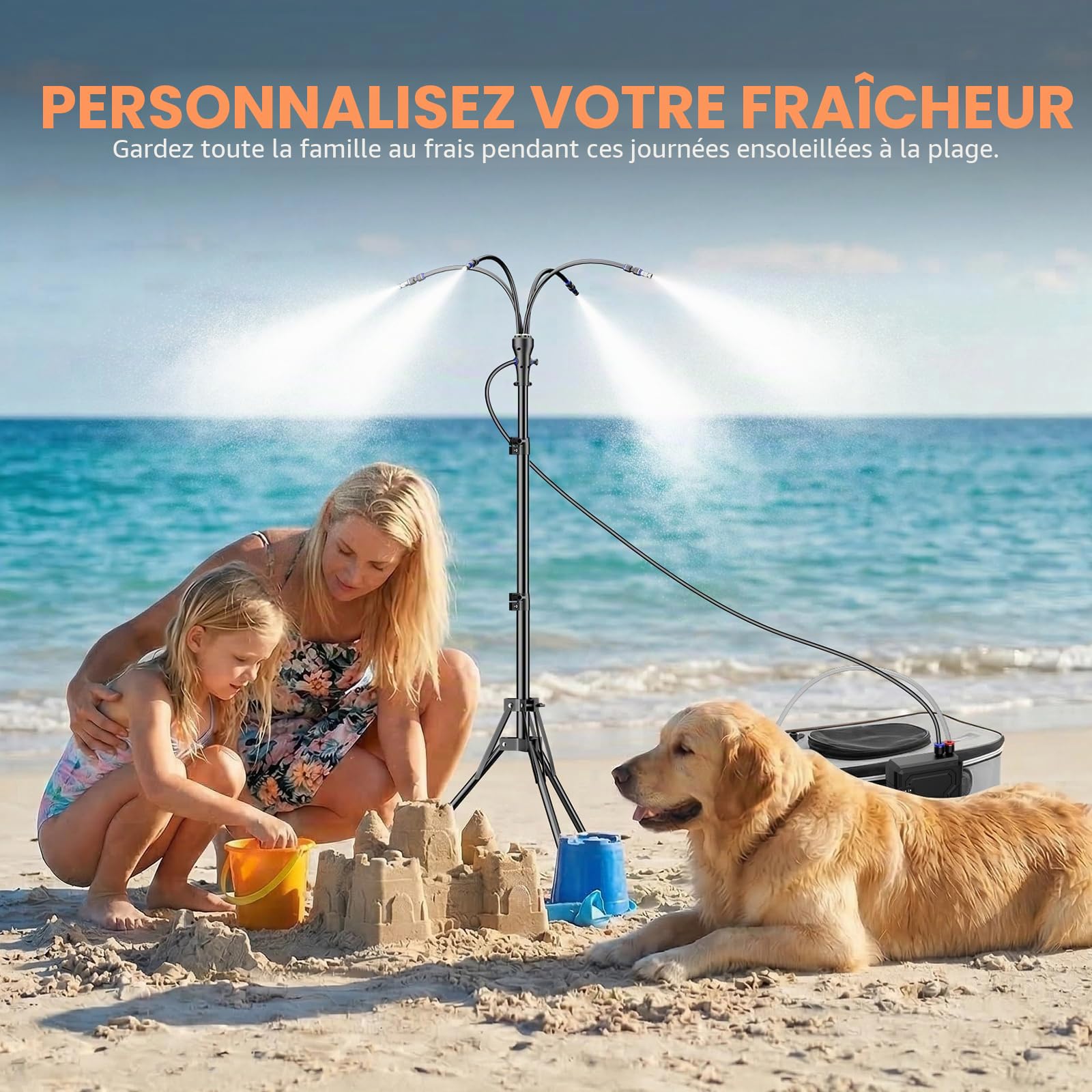Système de brumisation portable avec seau de 15 L, brumisateur sur pied alimenté par batterie 10 000 mAh pour terrasse extérieure, hauteur réglable 1,28 m, ensemble de refroidissement par eau sans fil