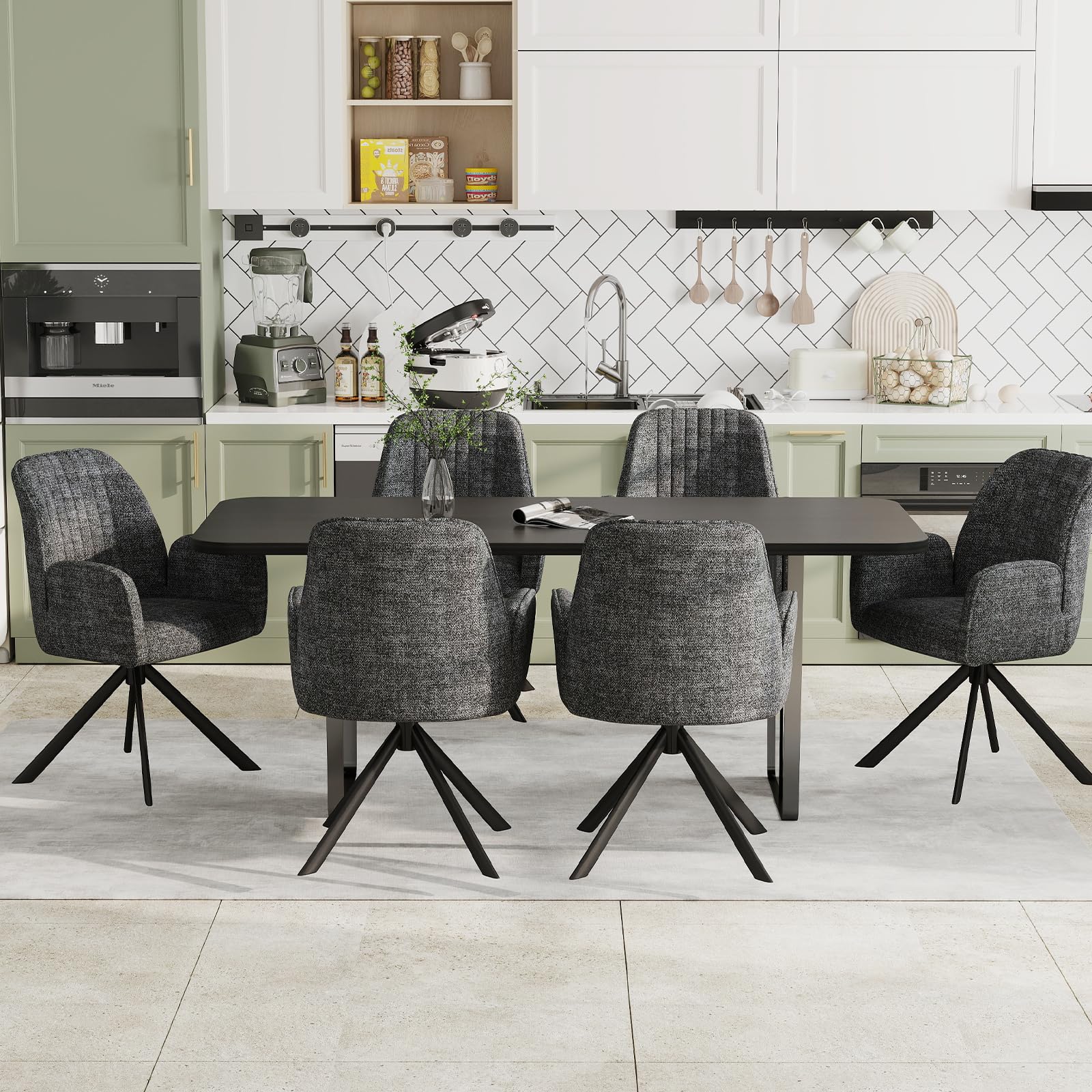 2er Set Esszimmerstühle Drehbar mit Armlehne, 360°Drehbar Polsterstuhl Küchenstuhl aus Chenille, Stühle Esszimmer Schminkstuhl Drehstuhl mit Metallbeine für Esszimmer Schlafzimmer, Dunkelgrau