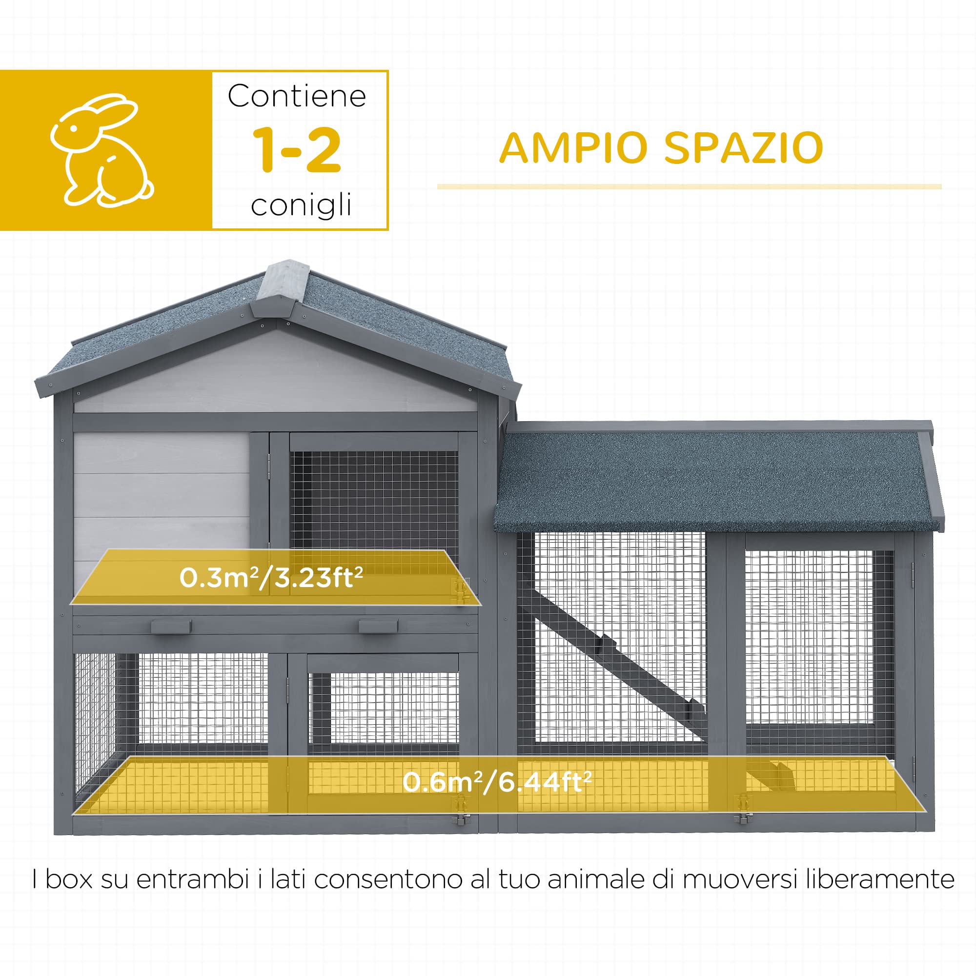 PawHut Conigliera Gabbia per Conigli in Legno da Esterno con Casetta, Spazio Aperto Recintato e Tetto 147x54x84cm
