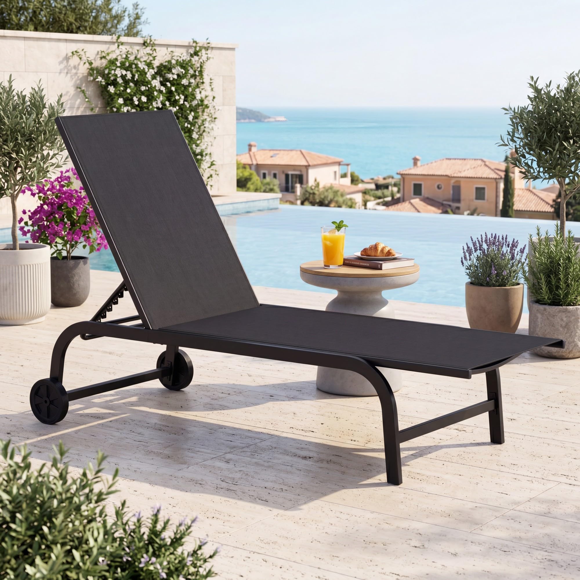 Giantex Tumbona de Jardín con Ruedas y Respaldo Ajustable, Carga 150 kg (Negro,2)