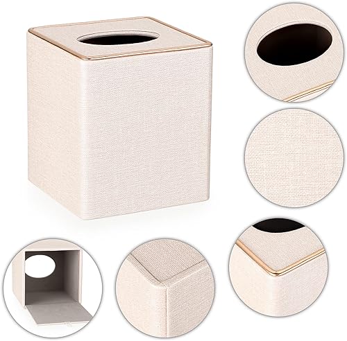 Sumnacon Square Linen Tissue Box Cover - Stylish Cube Tissue Box Holder with Magnetic Bottom, Decorative Tissue Box for Vanity Toilet Tank Dresser Night Stand Table Countertop Office Car, Beige(Beige Linen Texture)