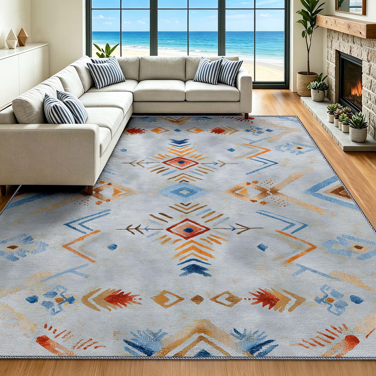 Tapis Entree Interieur 90 x 150 cm Vintage Géométrique Faible Poil Tapis Cuisine Devant Evier Antidérapant et Lavable en Machine Carpet Gris Symbole Symétrique Motif pour Entrée Couloir, Cuisine