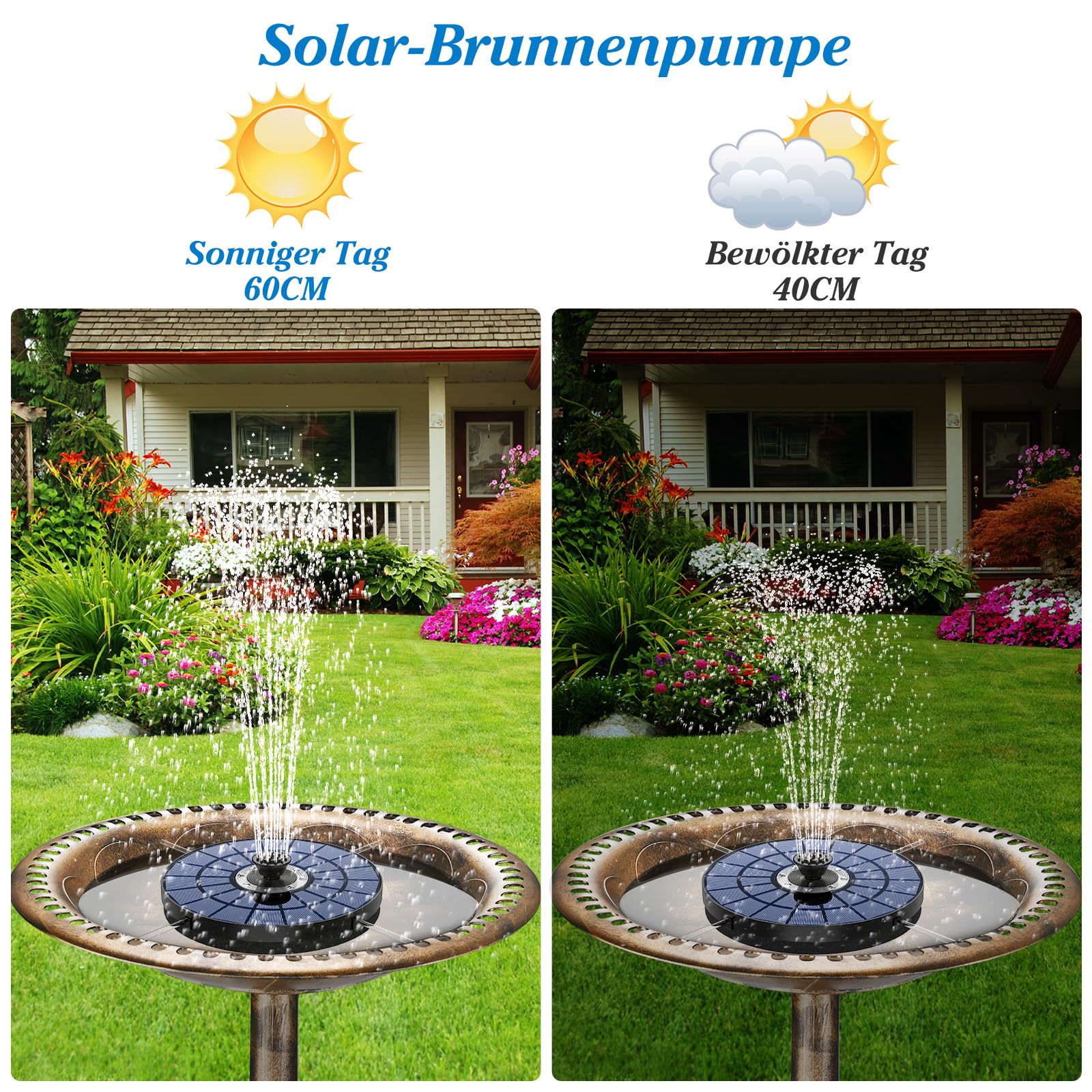 AMZtime Bunte LED 5,5W Outdoor Solar Springbrunnen für Außen, Solarpanel Durchmesser 21cm mit Akku, Outdoor Solarbrunnen für Draussen mit 7 Effekten Sprühmethoden, Solar Teichpumpe für Vogel Teich