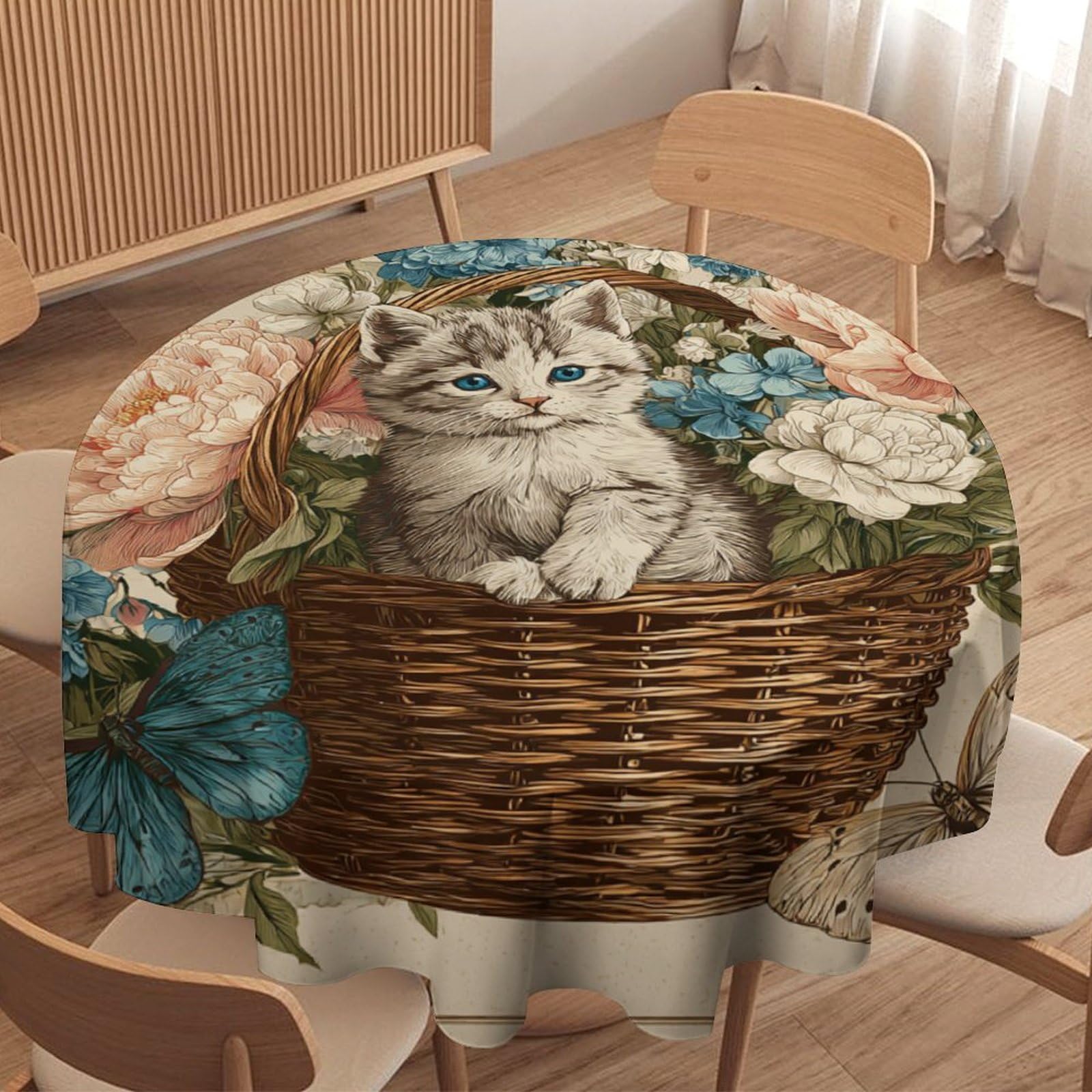 LUYYSKY Fantasy Vintage Cute Kittens Round Tablecloth Classic Mid Century Plant Daisies Flowers Animals Cats Butterflies Washable Decor for Table Cover for Kitchen-177.8" Wx177.8 L cm