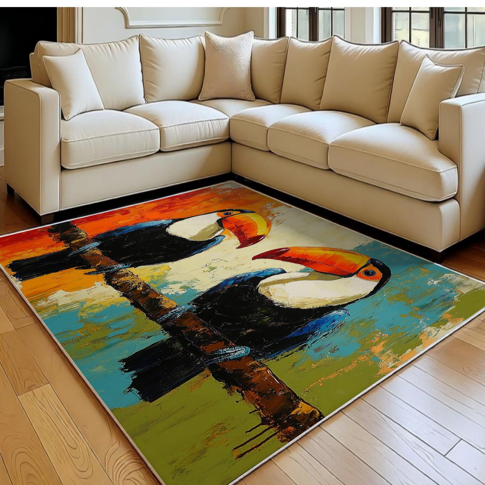 Tapis salon toucan orange doux pour salle à manger et cuisine