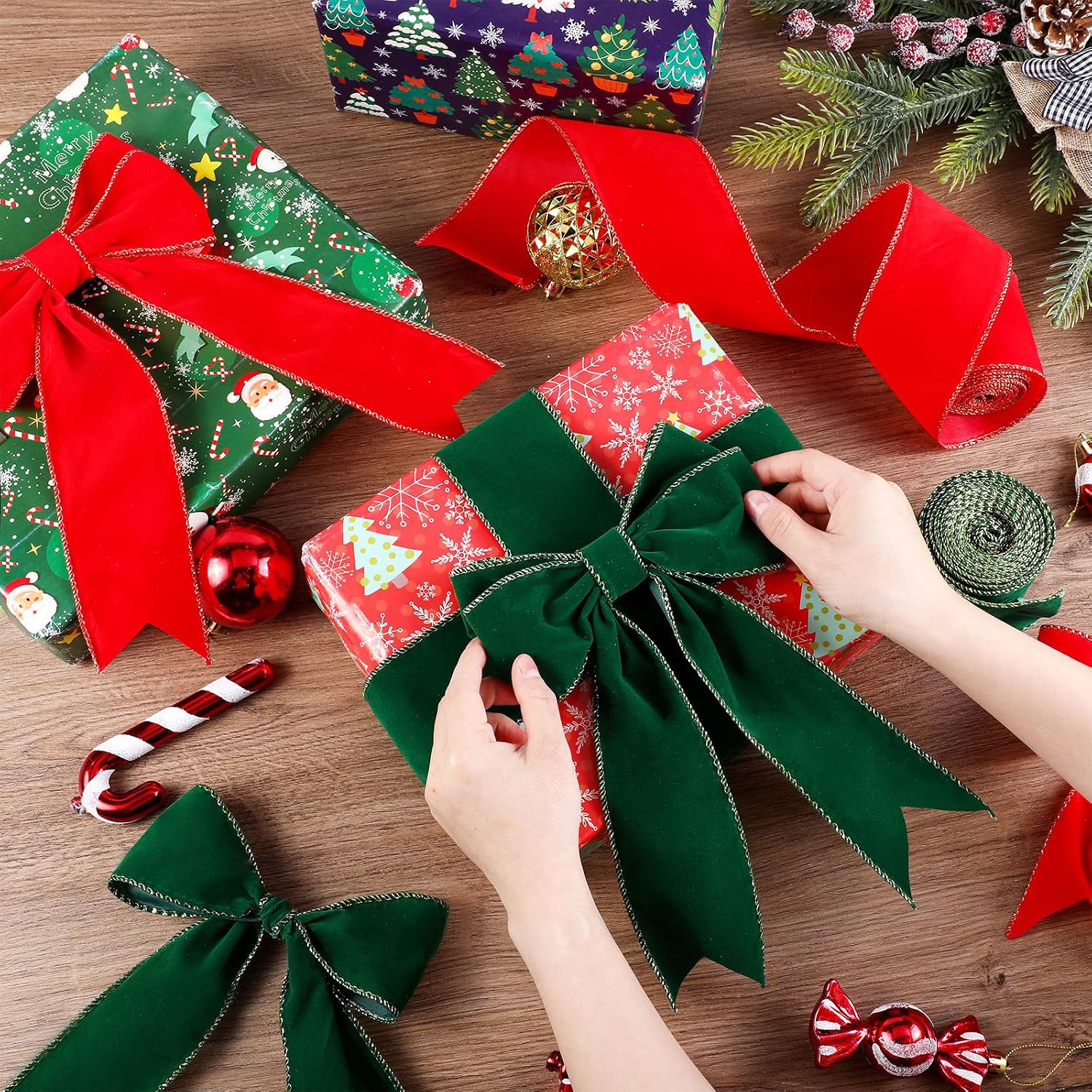 Riceshoot 2 Rolls Christmas Velvet Ribbon, 2.5 Inch, Red, Green image 4