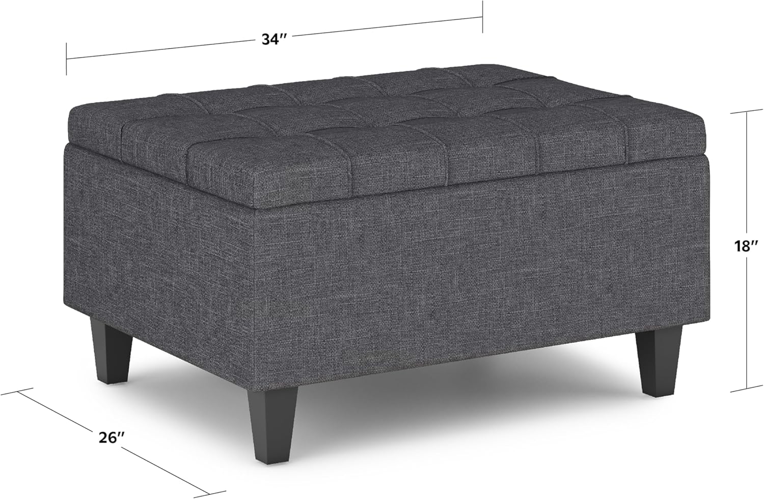 SIMPLIHOME Harrison 34 inch Wide Transitional Rectangle Small Coffee Table Storage Ottoman in Slate Grey Linen Look Fabric, Assembled, for the Living Room and Bedroom