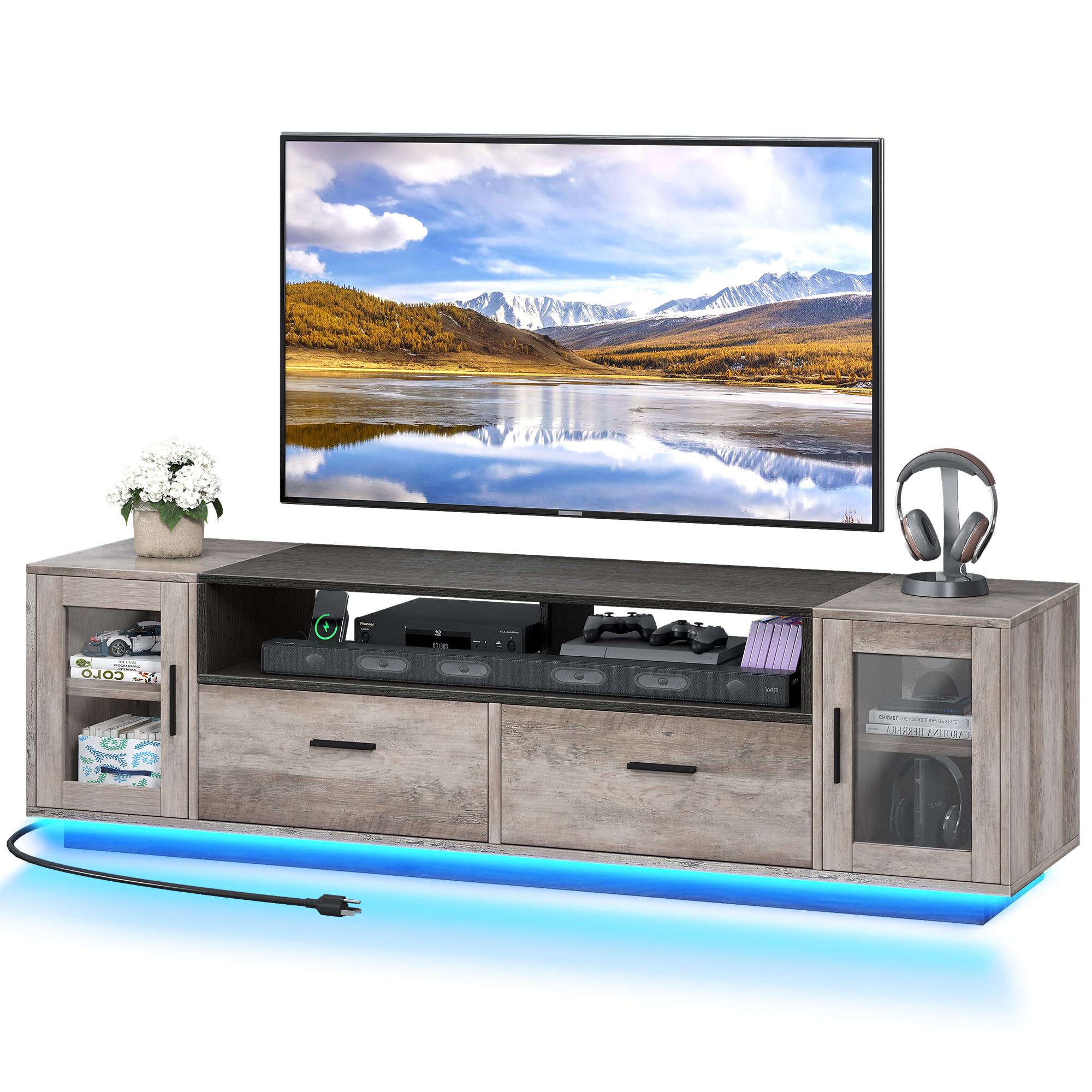 YITAHOME LED Modern TV Stand for 70+ Inch TV w/Outlets & USB Ports, Entertainment Center w/Glass Doors, 2 Storage Drawers, Wood Media Console Cabinet w/Adjustable Shelf for Living Room, Grey