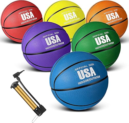 Jenaai 6 pelotas de baloncesto de goma de tamaño oficial, bolas de calle multicolor con bomba de inflador, juego de baloncesto liso para adultos y