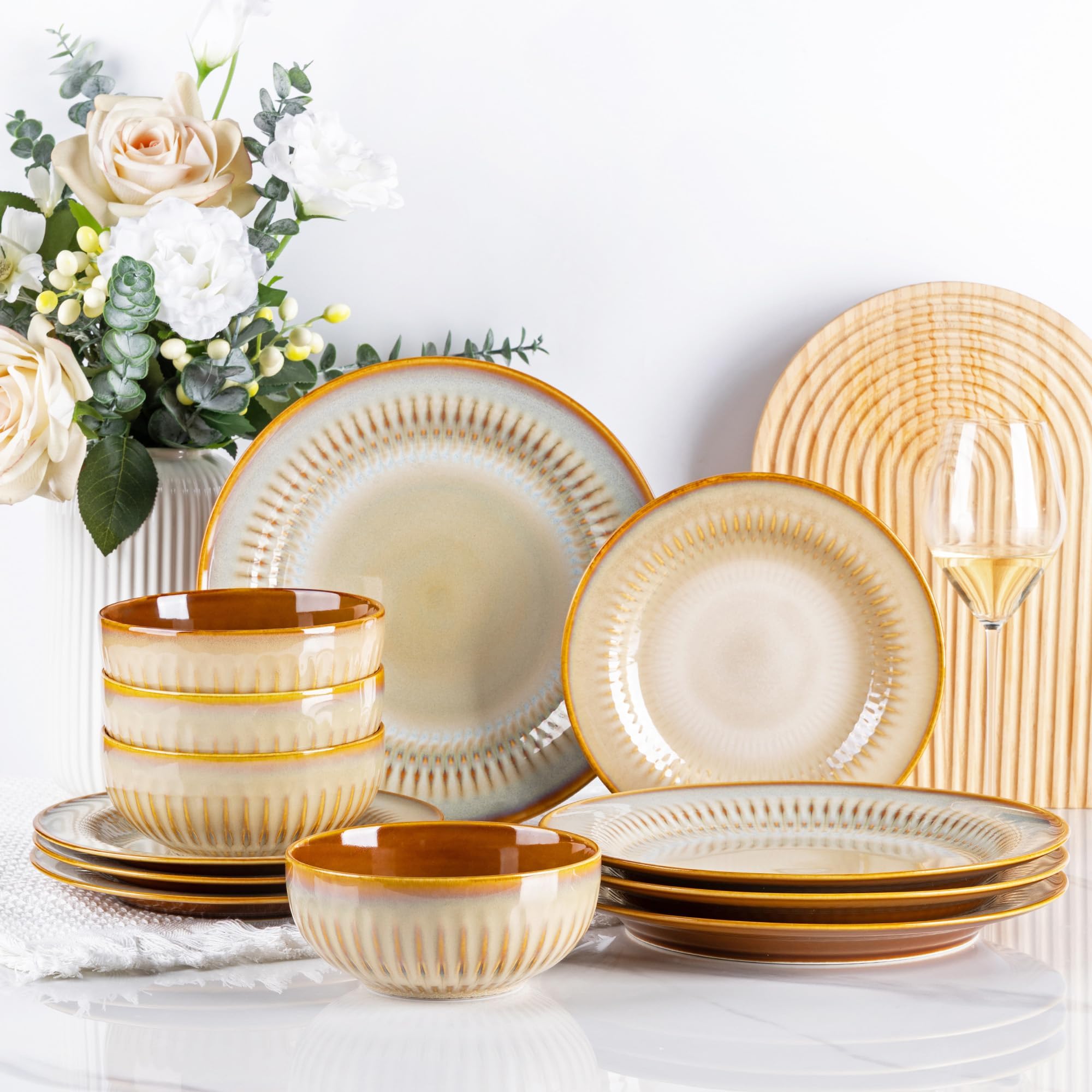 LERATIO Ceramic Dinnerware Sets,Handcraft Embossed Stoneware Plates and Bowls Sets,Dishwasher & Microwave & Oven Safe Dishes set,Service for 4 (12pc)-Modern-Kahki