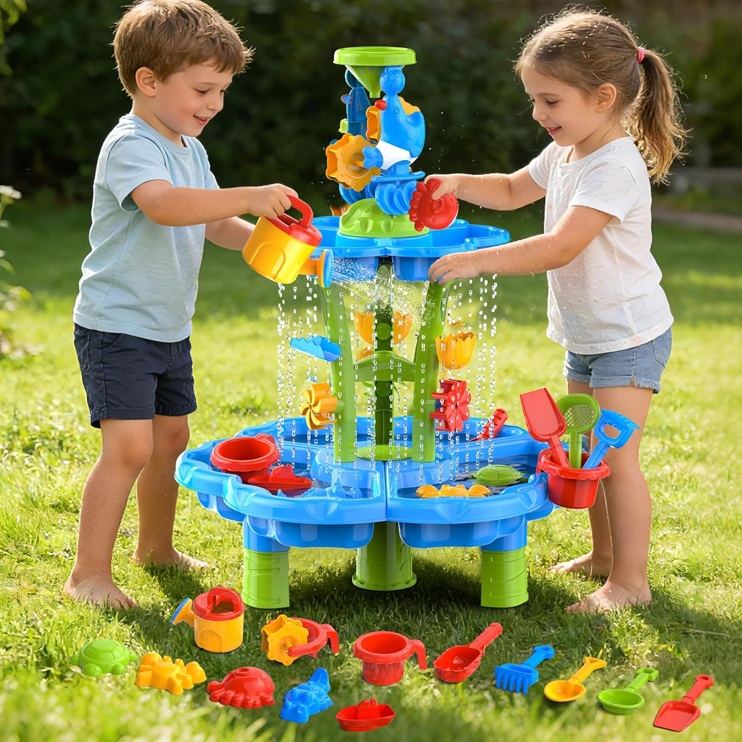 3-Tier Kids Toddlers Water Sand Table - Multifunctional Summer Outdoor Toys with Stable Design,Sensory Learning Backyard Poolside Beach Activity Playset Gift for Boys Girls(Sky Blue)