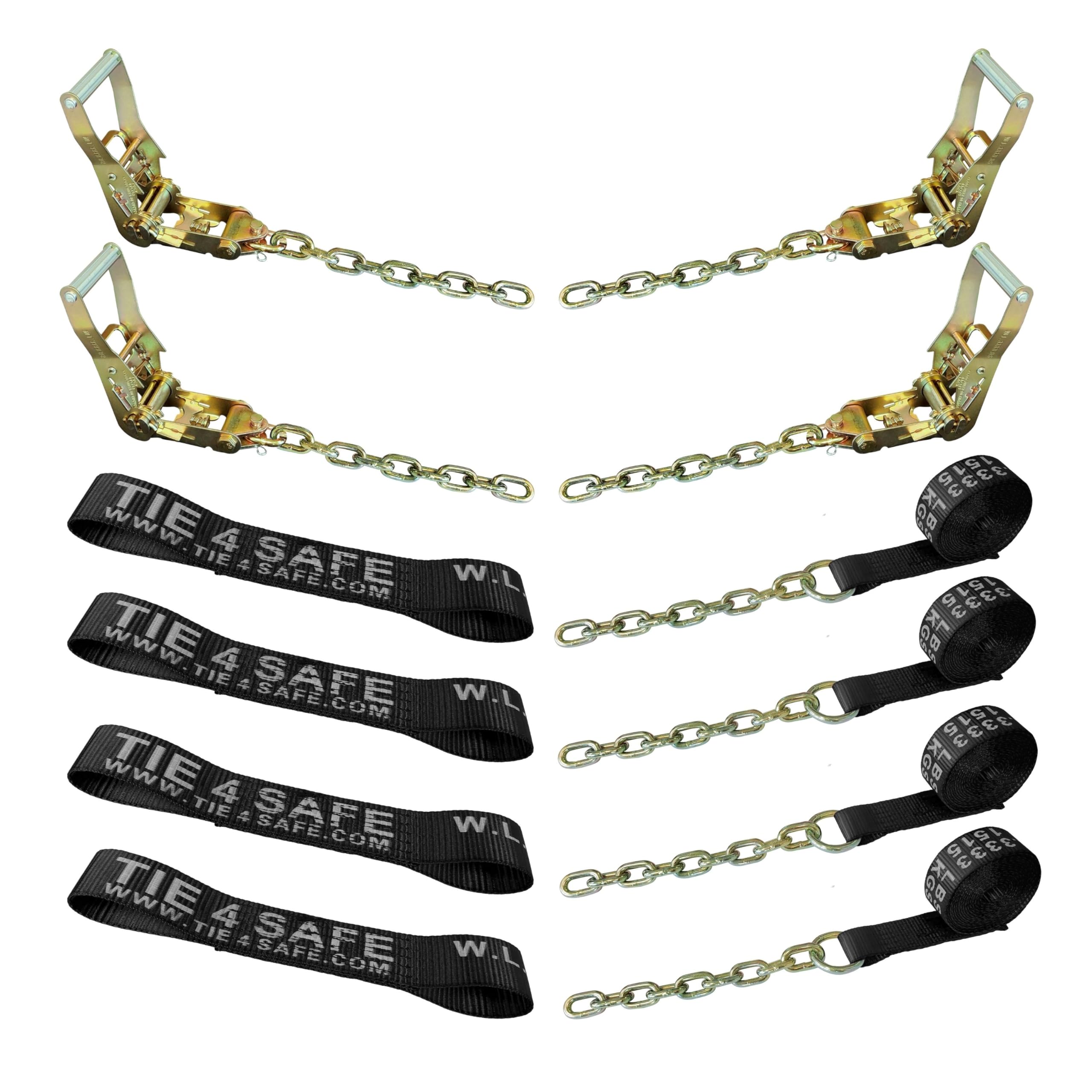 Mega Cargo 8-Point Roll Back Vehicle Tie Down Kit – Heavy Duty Towing Straps With Chain Extensions & Sleeve Protectors - View #12