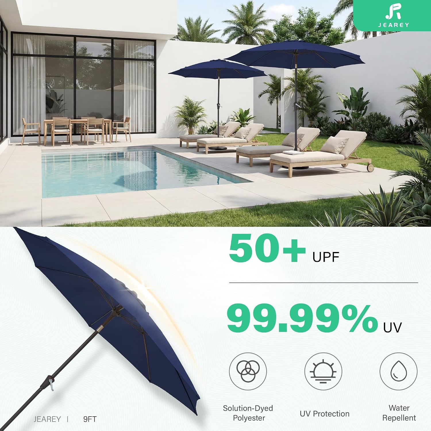 JEAREY 9FT Outdoor Patio Umbrella,Market Table Umbrella with 8 Fiberglass Ribs, Pool Umbrella with Tilt and Crank, UV Protection Lightweight & Wind-Resistant for Lawn, Garden, Deck and Backyard, Navy