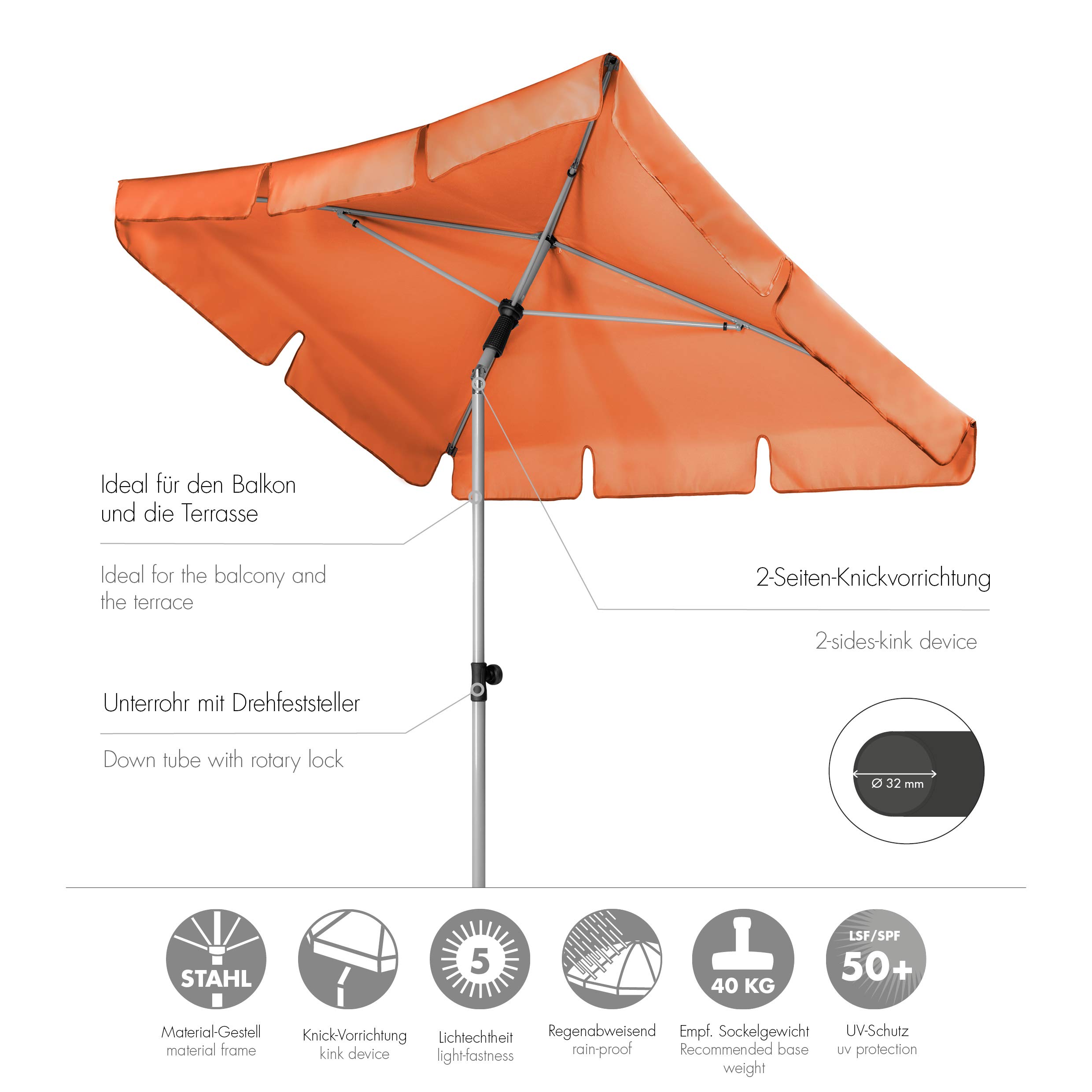 Doppler Ombrellone da giardino Active Auto Tilt 180x120 cm, quadrato – comodo sistema automatico scorrevole, regolabile in altezza, protezione UV SPF 50+, poliestere resistente alle intemperie