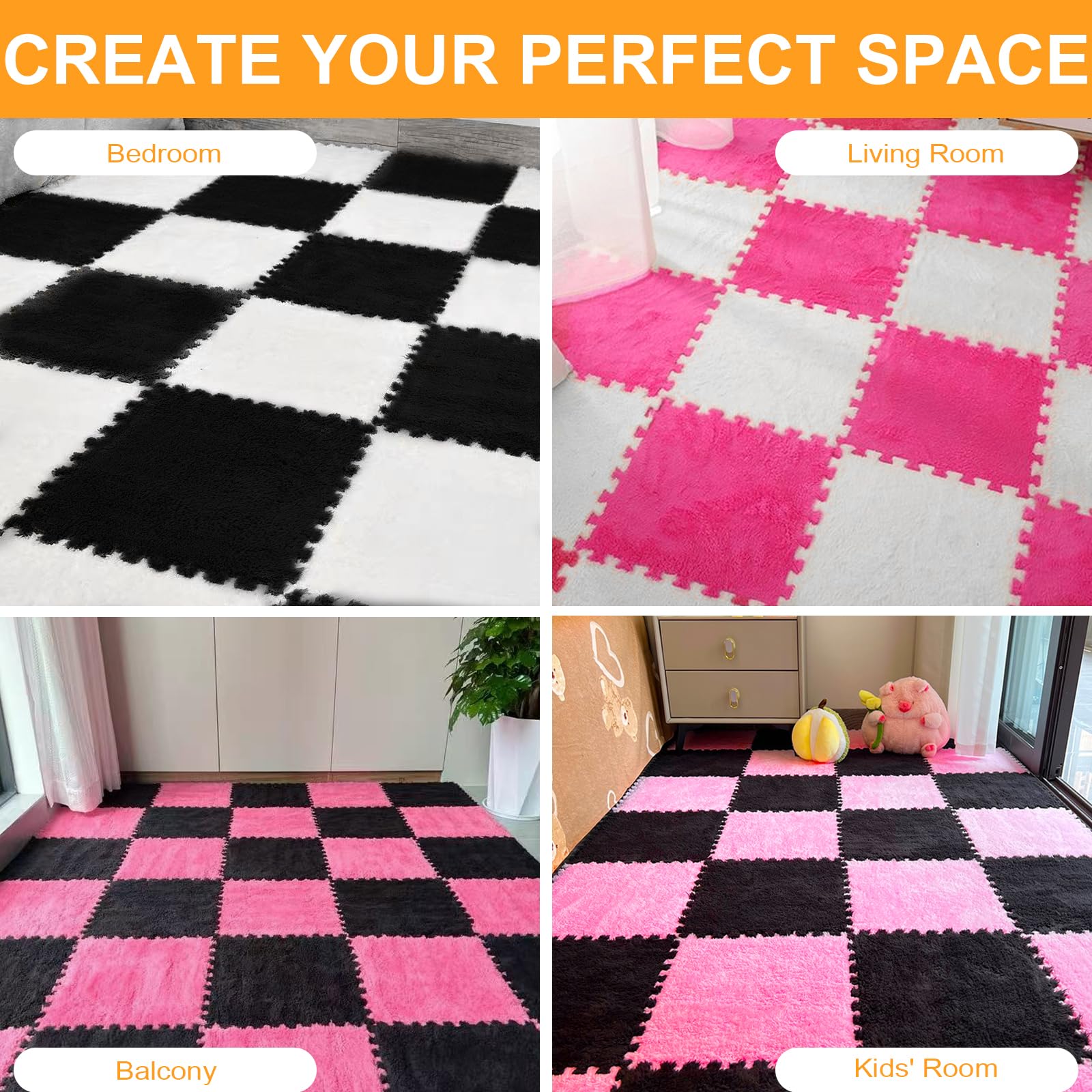 12 Stück Plüsch Bodenmatten 30x30 cm – Weiche Teppichfliesen mit Stecksystem, 10 mm Dicke, Bodenbelag für Wohnzimmer Schlafzimmer Arbeitszimmer (Schwarz)