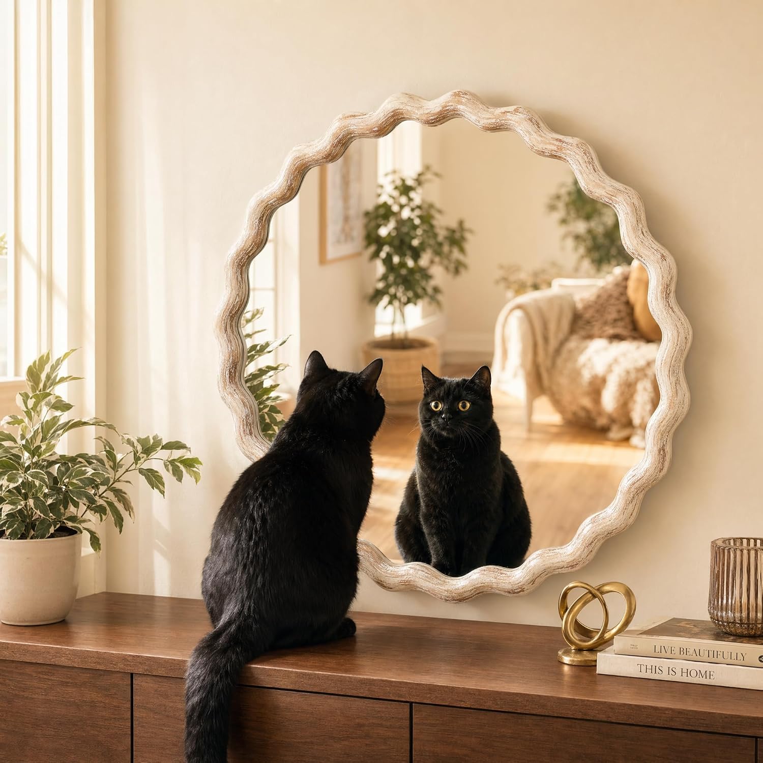 28" Round Wavy Wall Mirror for Bathroom Vanity, Scalloped Circle Mirror for Bedroom, Whitewashed Decorative Squiggle Mirror for Living Room, Entryway Decor, 1:1 HD Reflection (27.5" Diameter)