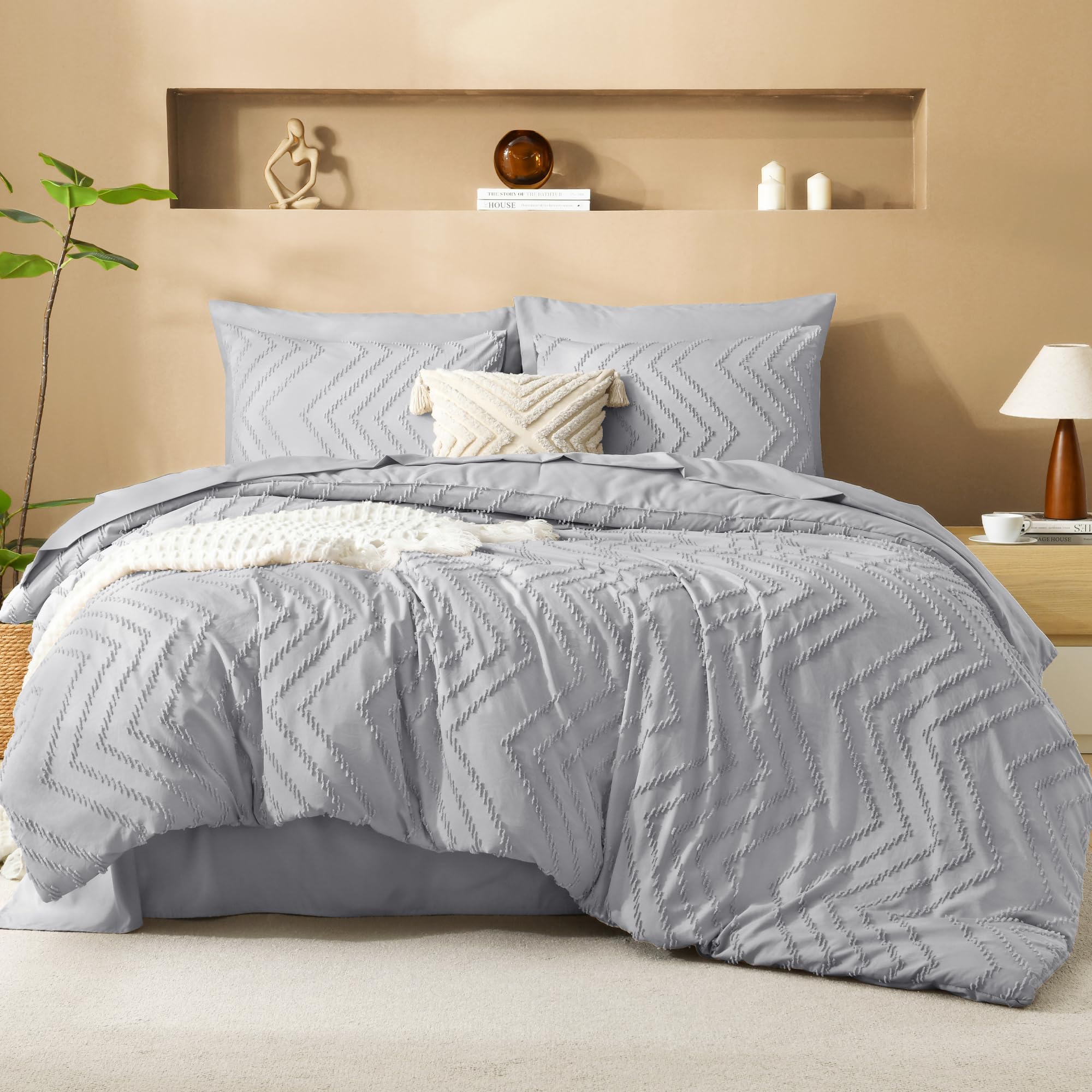 Litanika Light Grey King Size Comforter Set with Sheets - 7 Pieces Bed in a Bag King Boho Tufted Complete Bedding Sets with Comforter, Sheets,
