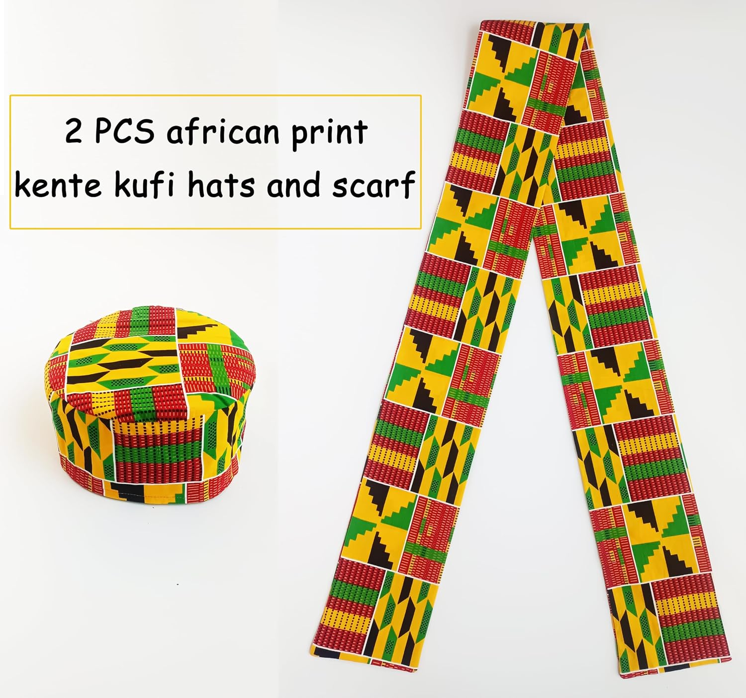 African Kente Pattern Hats Scarf Kufi Hat Ankara Print Cap and Shawl Clothing Stole Sash for Black Men 2 Pcs