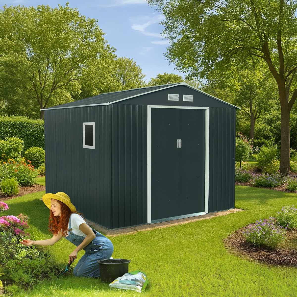 Abri de Jardin métal 7,06m² Anthracite + kit d'ancrage | Abri de Jardin en Métal | Fenêtre latérale | Abri à Outils Abri de Rangement Extérieur | Hauteur Faitage: 212 cm