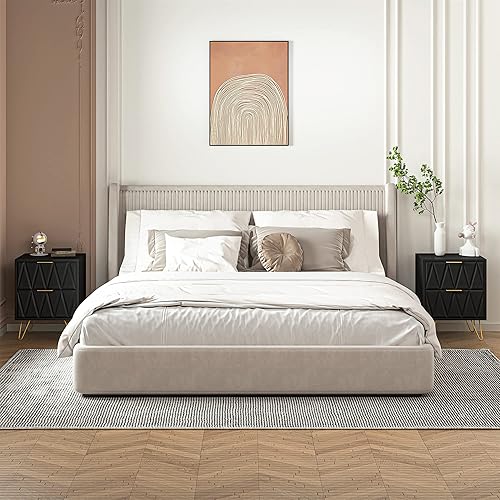 Miniatura 2 de Black Nightstand Set of 2, Modern Bedside Table with 2 Drawers Storage, Wood End Side Table Night Stand with Gold Legs for Bedroom Living Room