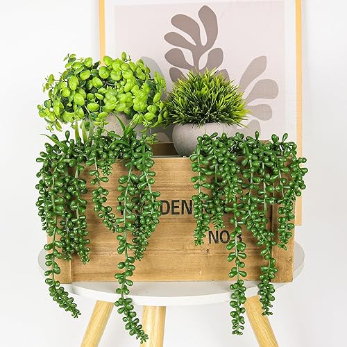Miniatura 5 de RECUTMS 8 plantas suculentas artificiales colgantes, cadena de perlas, plantas suculentas de imitación, drapeado vegetal, rama sin maceta, planta