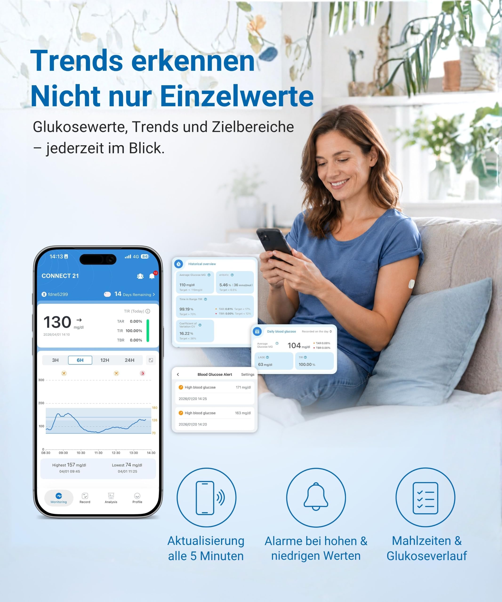 Sensore CGM Connect 21 – Misuratore di glicemia senza punture | 21 Giorni | 8,2% MARD | Impermeabile IP58 | App Bluetooth | CE 2797 | 1 Sensore con applicatore