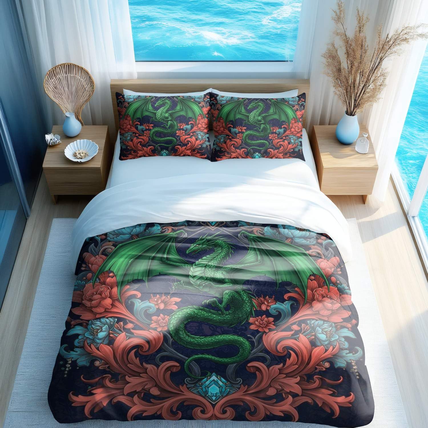 Parure de lit dragon émeraude 3D pour décorer une chambre d'ado fantastique
