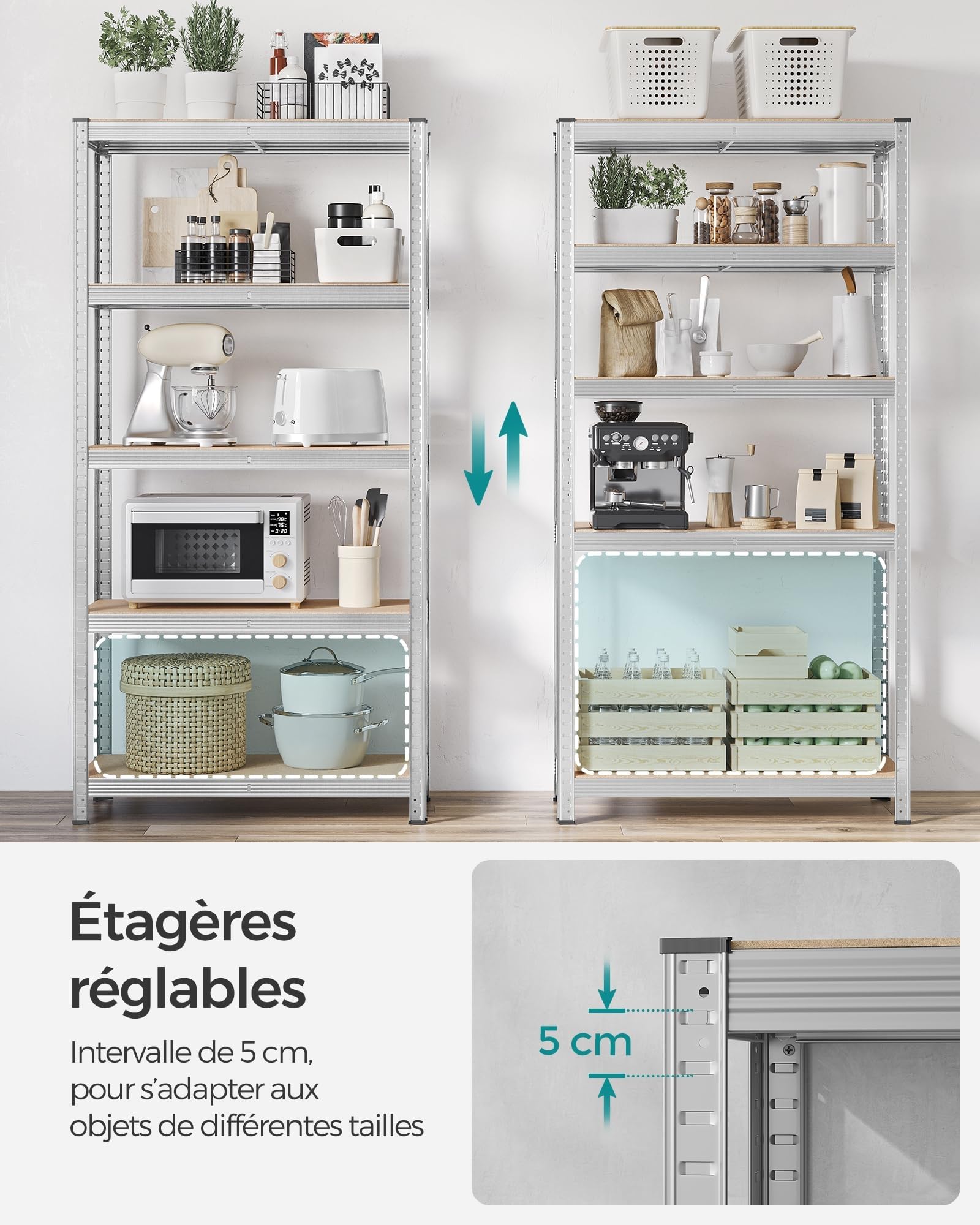 SONGMICS Lot de 2, Étagère de Rangement à 5 Niveaux, 40 x 90 x 180 cm, Capacité 875 kg, Planches Réglables, Style Industriel, pour Cuisine, Salon, Argent GLR040E02